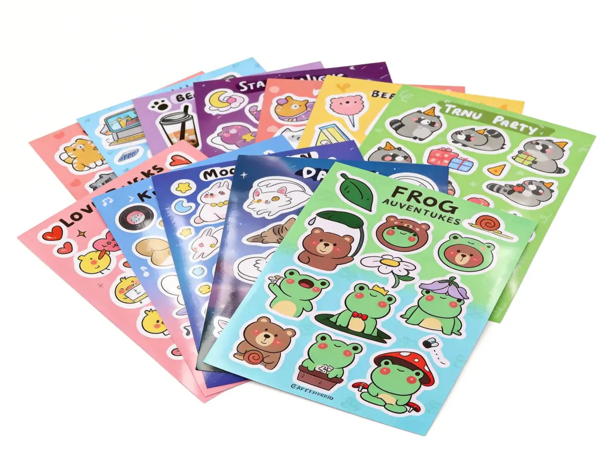 Custom vinyl sticker sheets with colorful designs on white vinyl material - Sticker Sheet Printing