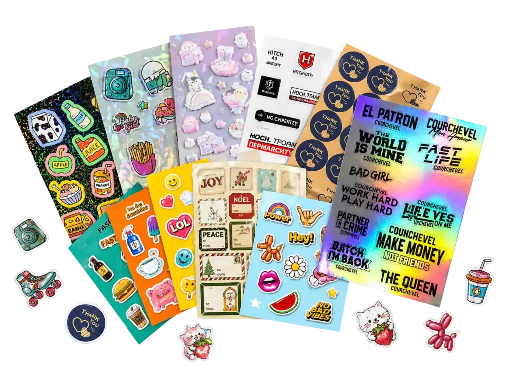 Custom sticker sheets with multiple designs showing precision kiss cut on premium vinyl material - Sticker Sheet Printing