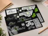 White vinyl sticker sheet with black logo designs on tabletop for business branding - Sticker Sheet Printing