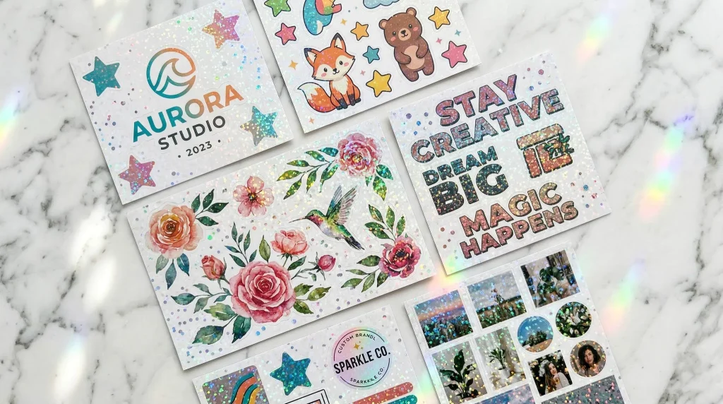 Glitter sticker sheets printed with various design styles showing versatile artwork compatibility - Sticker Sheet Printing