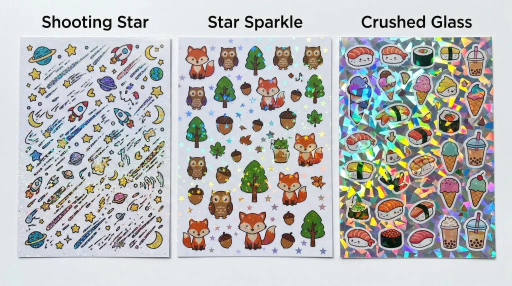 Three glitter sticker sheet effects comparison showing shooting star, star sparkle, and crushed glass finishes - Sticker Sheet Printing